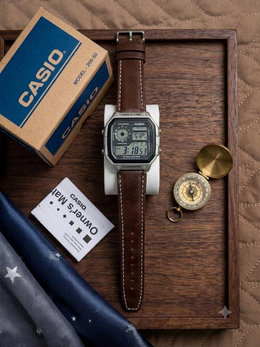Custom Casio "World Time" AE-1200 Vintage Leather Collection